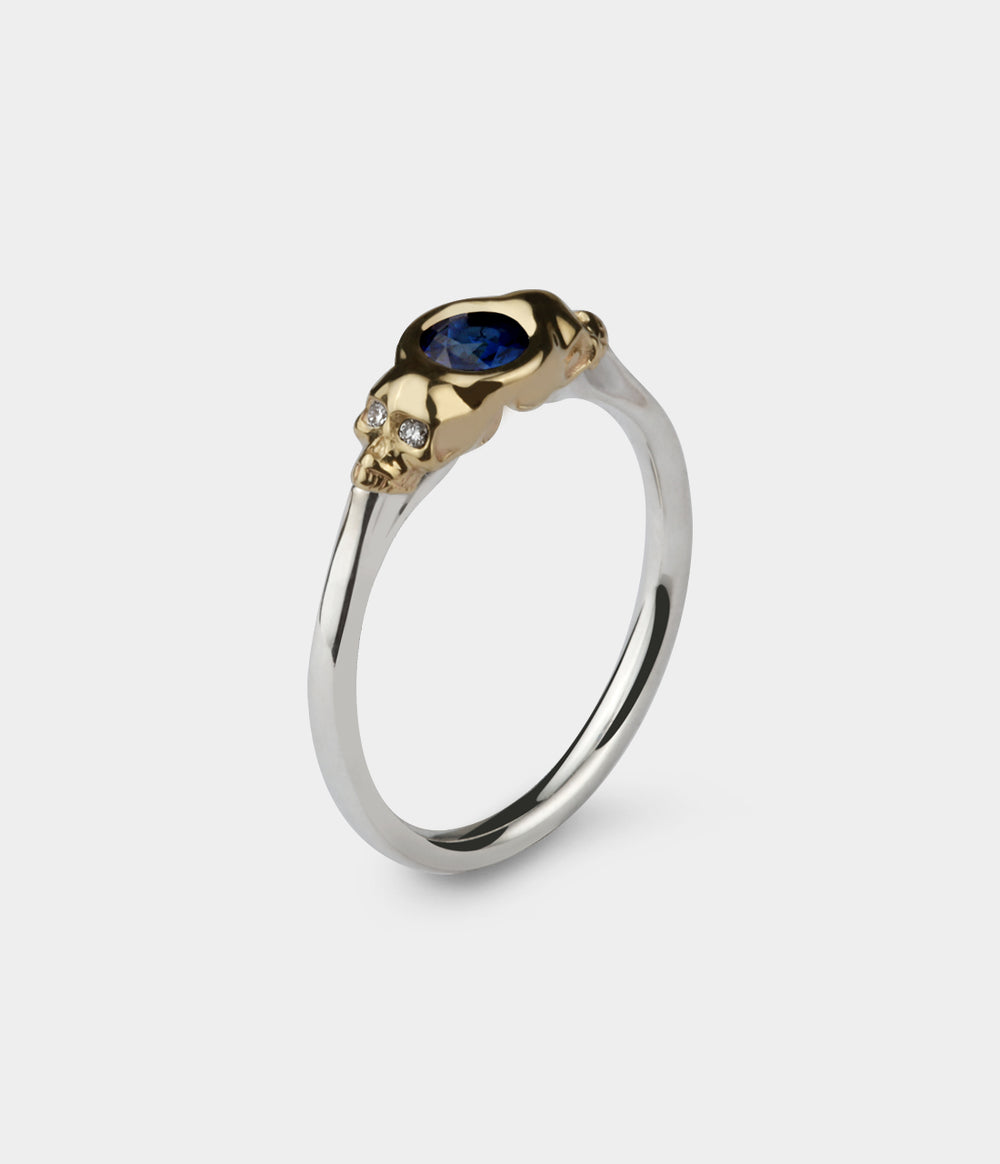 Beloved Skull Ring Two Tone in 9ct Yellow Gold & Silver with Blue Sapphire, Size M