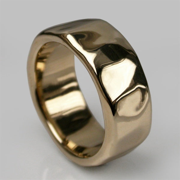 Beaten Wide Ring / Polished / 9ct Yellow Gold / Size T1/2