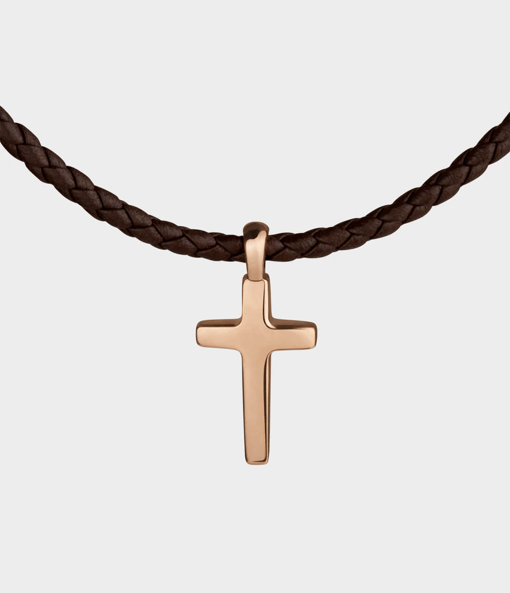 Cross Leather Necklace / 9 Carat Rose Gold / Brown Woven Leather