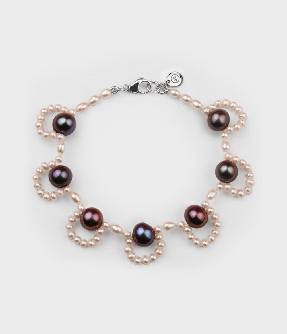 French Lace Pearl Bracelet / Sterling Silver / Pink Pearls with Peacock Pearls