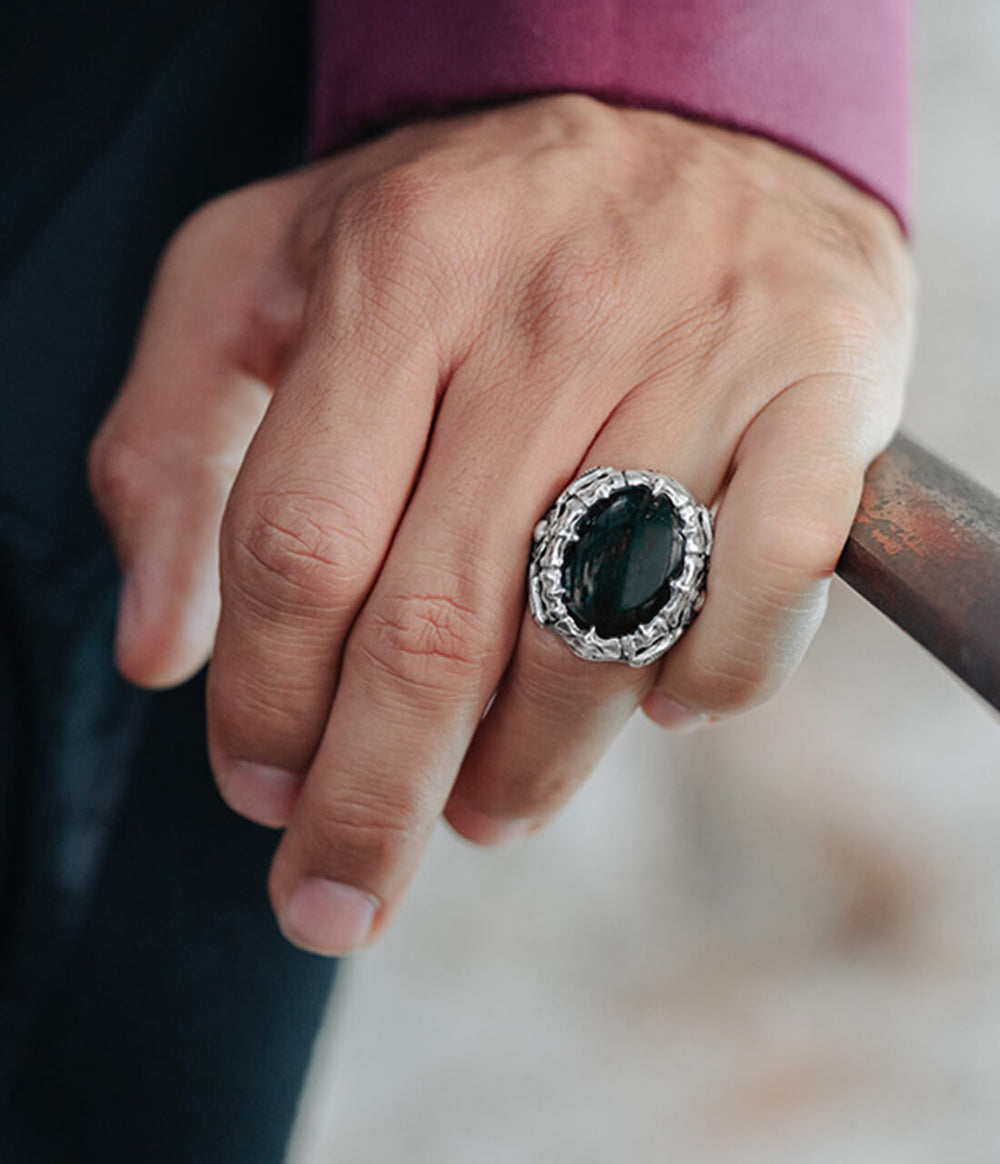 Barbaricus Ring in Sterling Silver with Hand Cut Onyx