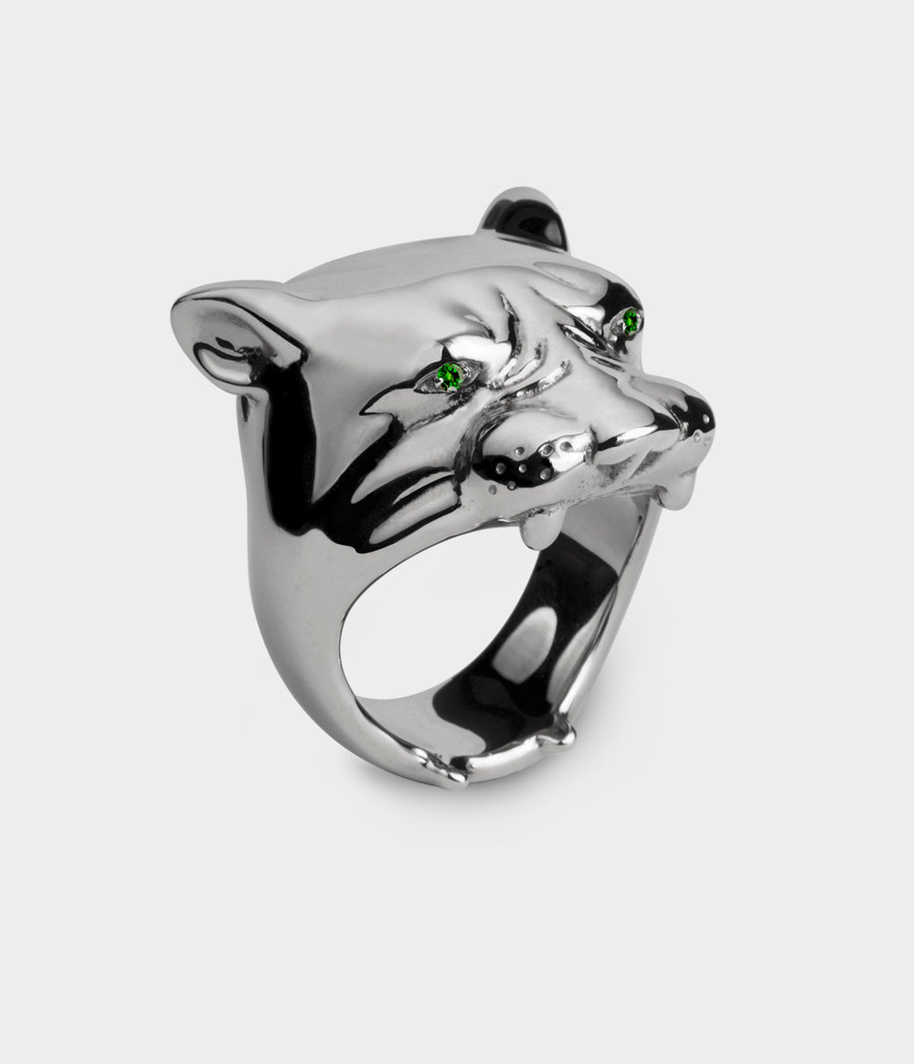 Lioness Ring in Silver with Emerald, Size Q 1/2