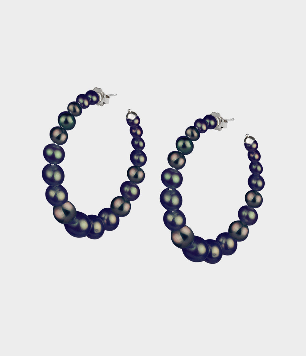 Large Colette Pearl Hoop Earrings / Sterling Silver / Round Peacock Pearls
