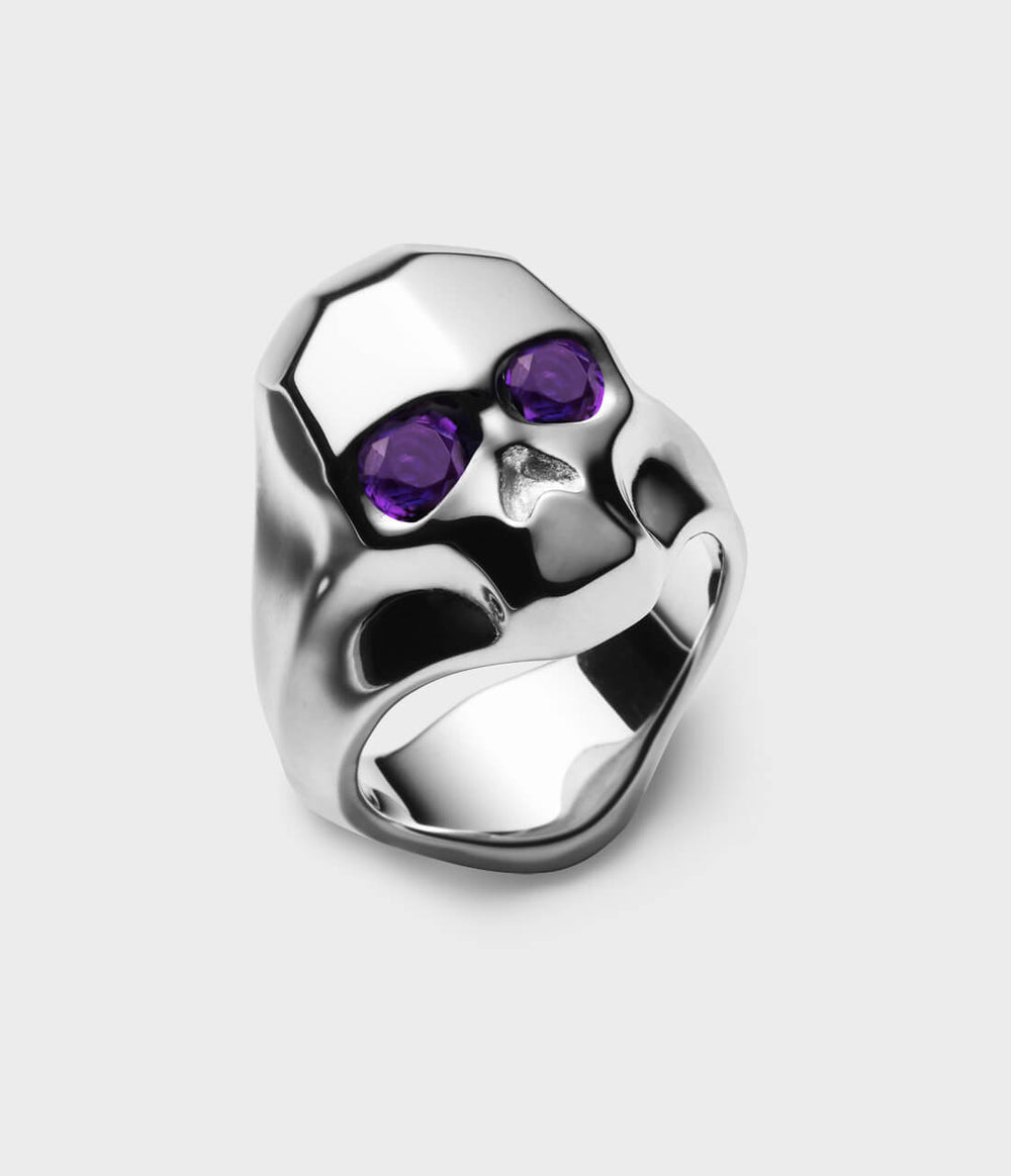 Large Carved Skull Ring with Amethyst, Size Q