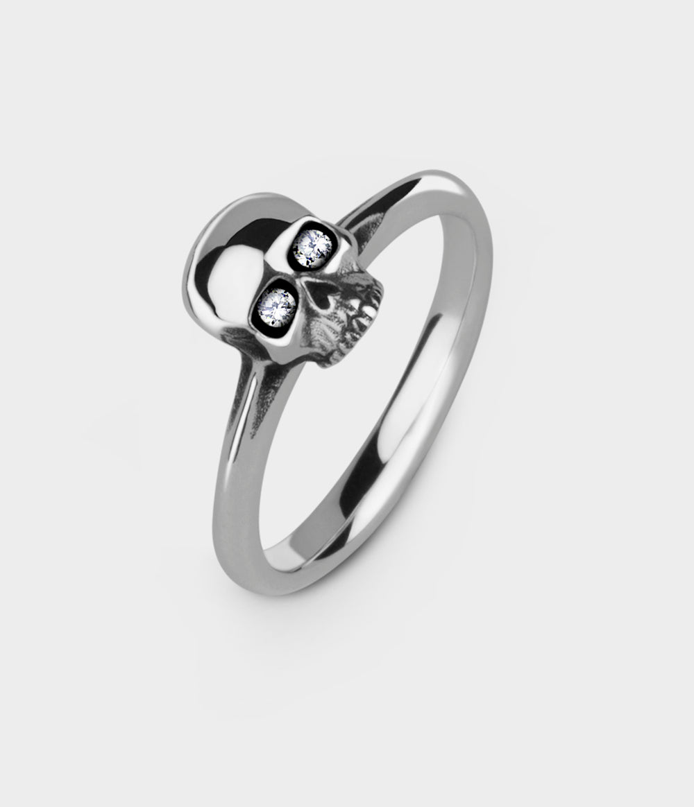 Mini Skull Ring in Silver with Diamond, Size T