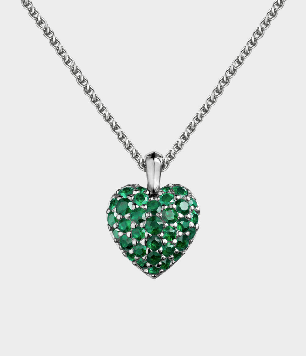 Raspberry Heart Necklace in Silver with Emeralds