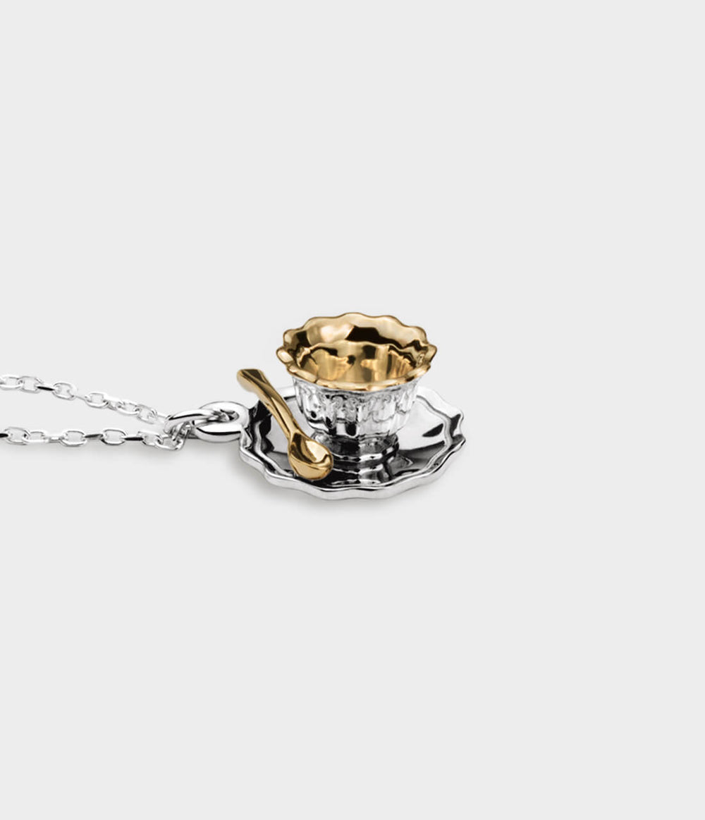 silver and yellow gold Teacup Necklace 80Cm