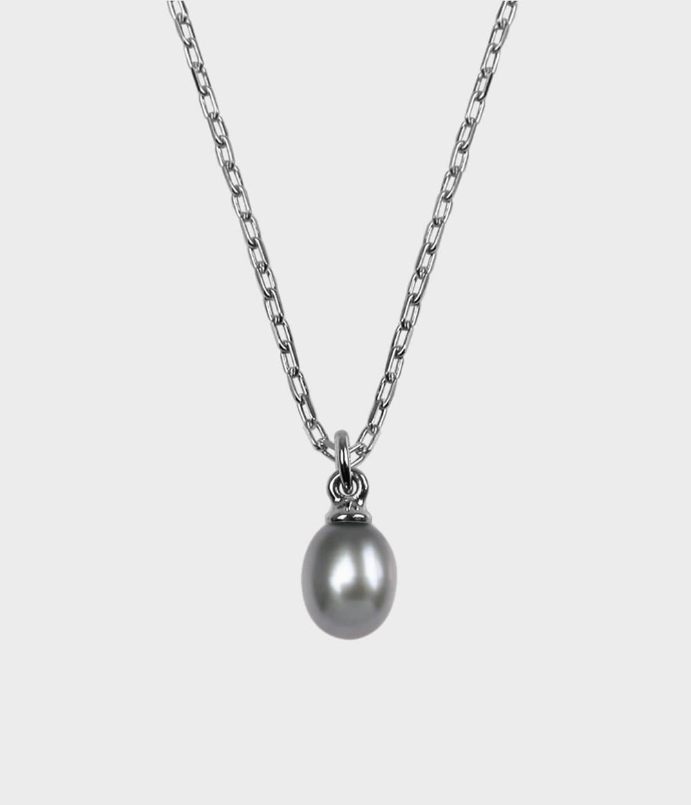 Vermeer Pearl Drop Necklace / Sterling Silver / Pear Shaped Grey Pearl