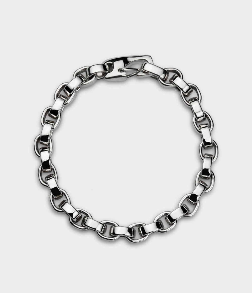 above profile of a silver heavy link bracelet.