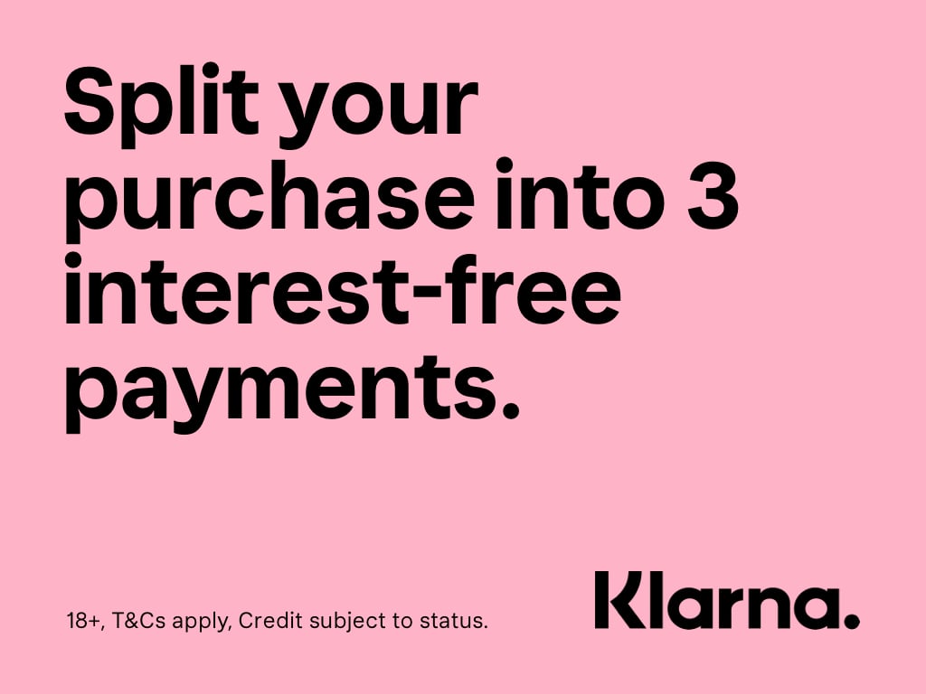 Pink graphic with the text "Split your purchase into 3 interest-free payments" and the Klarna logo