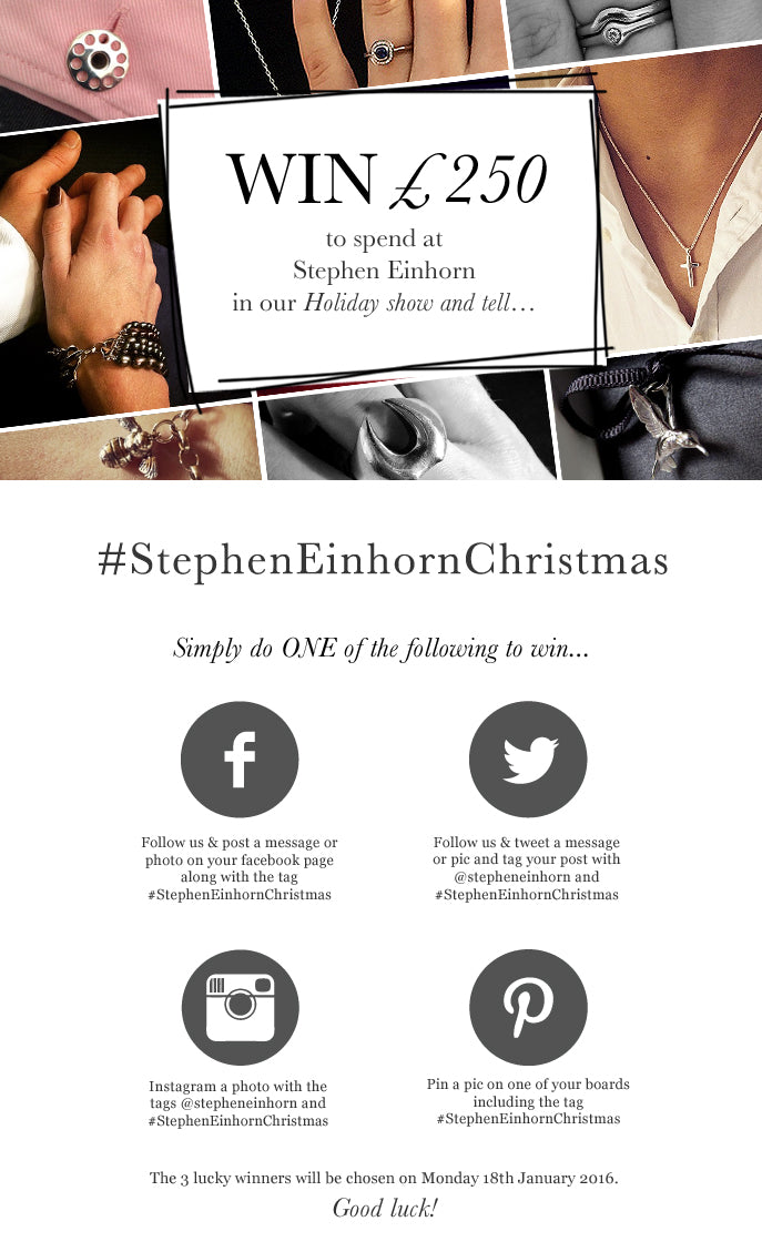 Holiday competition graphic, win £250 to spend, with jewellery photos and social media icons