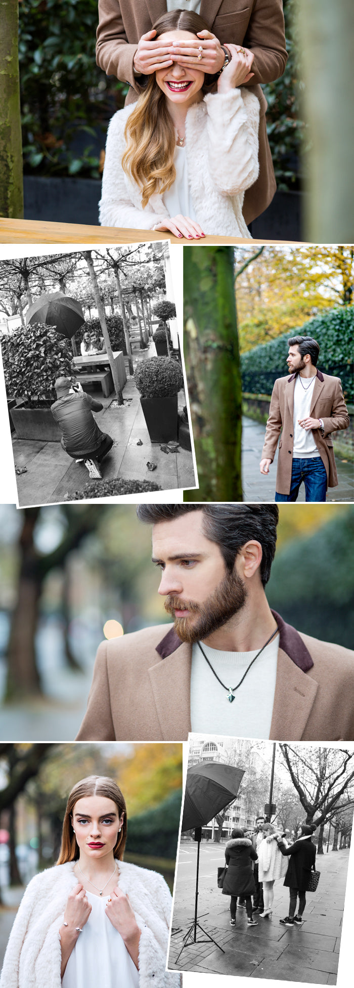 Models in winter coats wearing silver jewellery on a London street, with behind-the-scenes shots from the Arrowhead shoot