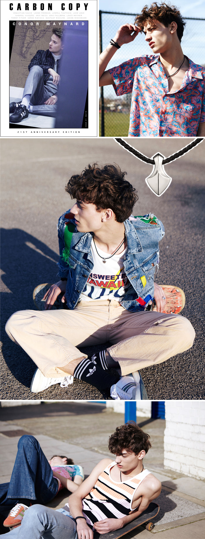 Carbon Copy Magazine pages of young men in streetwear, one wearing a silver arrowhead pendant on a leather cord