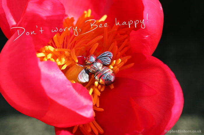 Silver bee charm resting in the centre of a pink peony, with a handwritten Don't worry, Bee happy caption