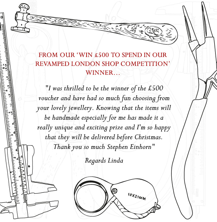 Competition winner's thank-you note for a £500 shop voucher, framed by drawings of jewellers' tools