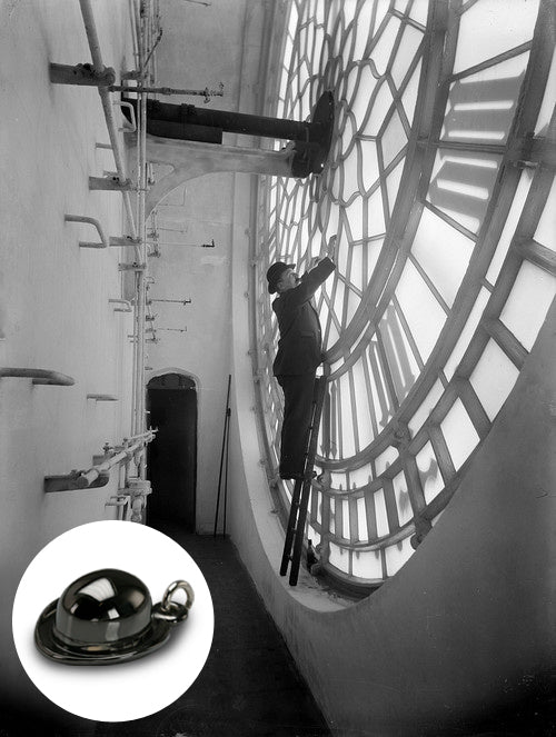 Man on a ladder cleaning the inside of the Big Ben clock face, with an inset of a silver bowler hat charm