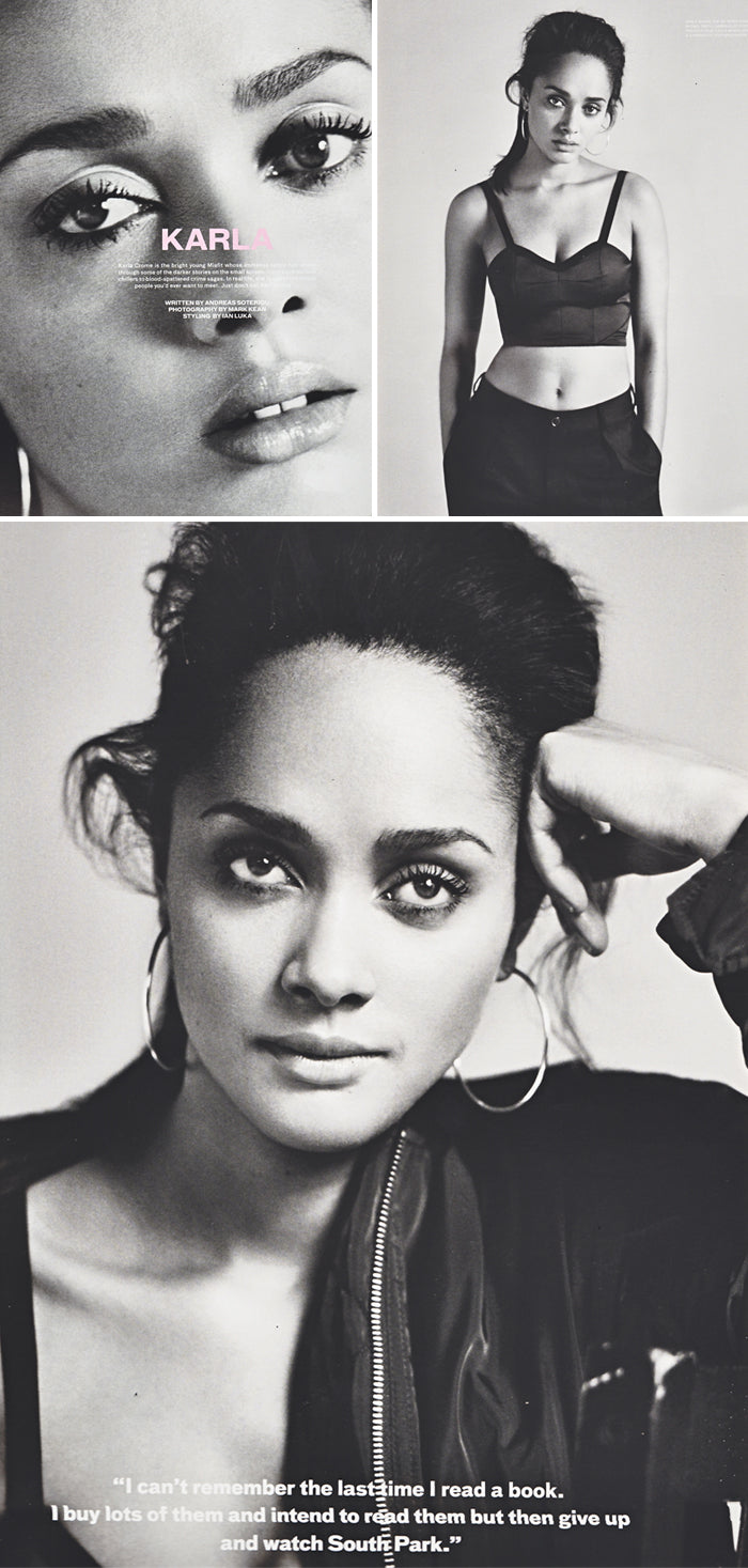 Black and white Ponystep Magazine portraits of Karla Crome wearing large silver hoop earrings