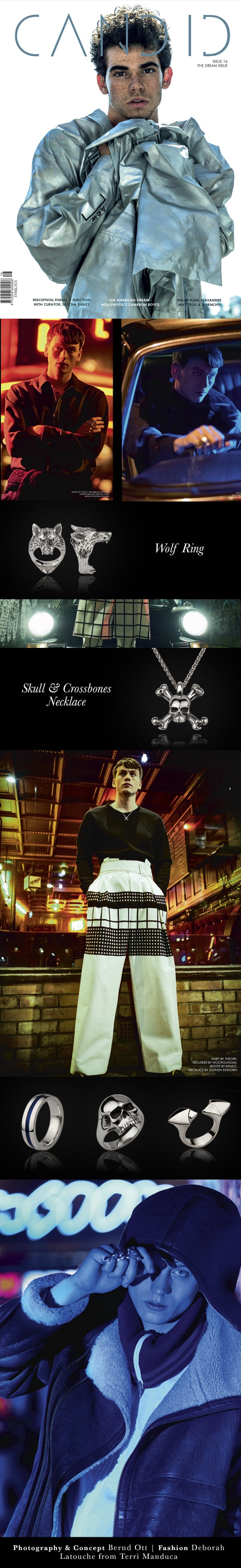 Candid magazine cover and night-time menswear shoot featuring our wolf ring, skull necklace and silver rings