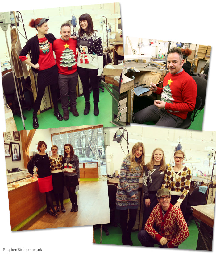 Stephen Einhorn team wearing Christmas jumpers in our Islington workshop and shop for Christmas Jumper Day