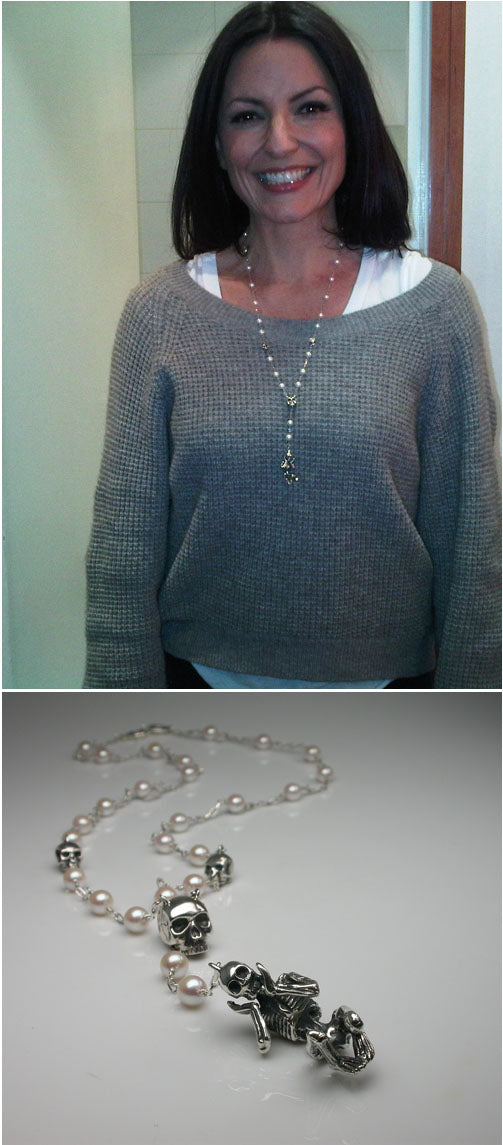 Davina McCall wearing the Skullduggery necklace, a silver chain of pearls and skulls, shown close up below