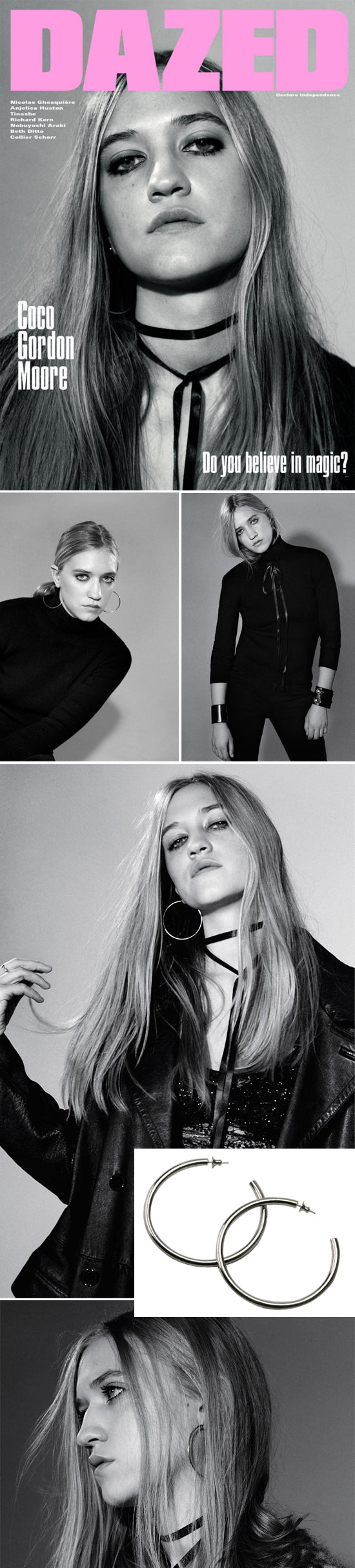 Dazed magazine cover and shoot, a model in black wearing our extra large silver hoop earrings