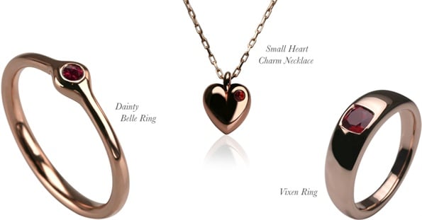 Rose gold Dainty Belle ring, Vixen ring and Small Heart Charm necklace, each set with a deep red garnet
