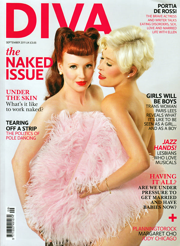 Diva magazine September 2011 'Naked Issue' cover, two women holding a pink ostrich feather fan