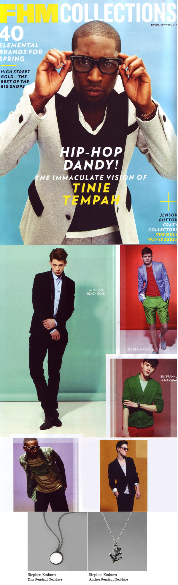 FHM Collections spring/summer 2011 pages of men's fashion, with silver disc and anchor pendant necklaces