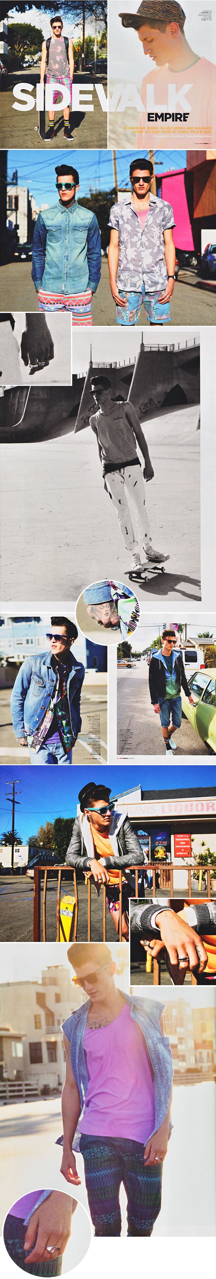 GQ Sidewalk Empire magazine pages of young men in Venice Beach streetwear, with close-ups of silver rings