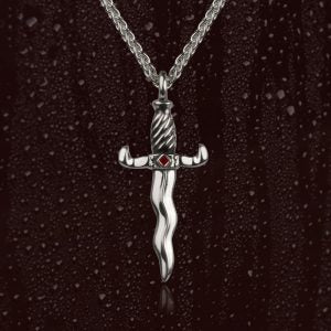 Silver dagger pendant with a wavy blade, twisted handle and a small garnet, on a silver chain