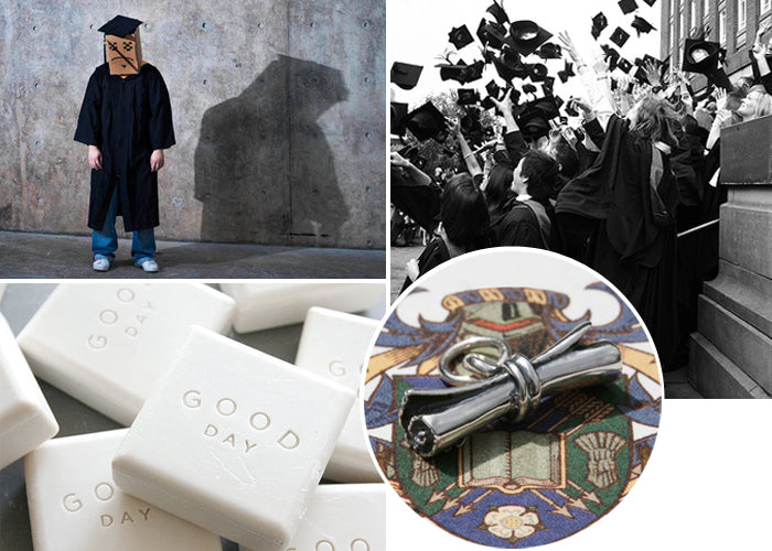 Graduation collage: gowned graduates throwing caps, Good Day soap bars and a silver scroll charm