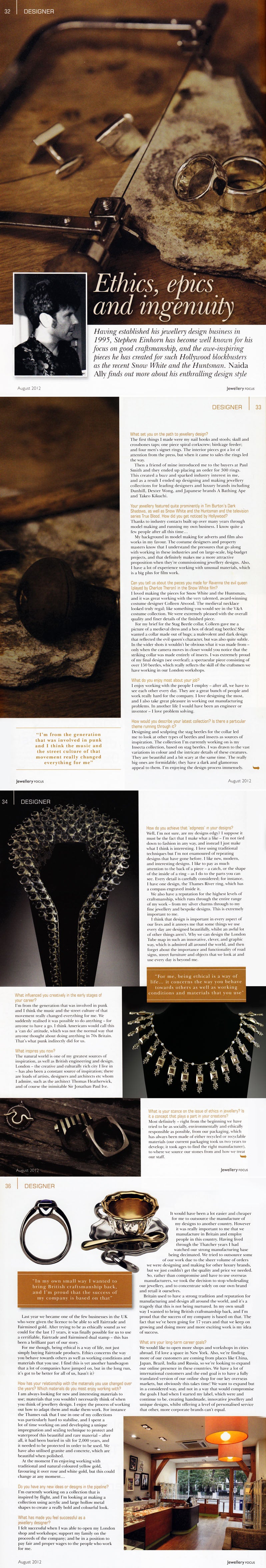 Jewellery Focus magazine spread 'Ethics, epics and ingenuity', August 2012, with workshop, necklace and ring photos