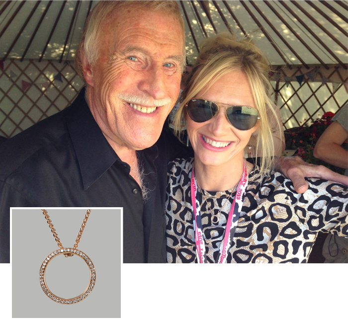 Jo Whiley in sunglasses with a smiling man at Glastonbury 2013, inset of a rose gold diamond circle pendant