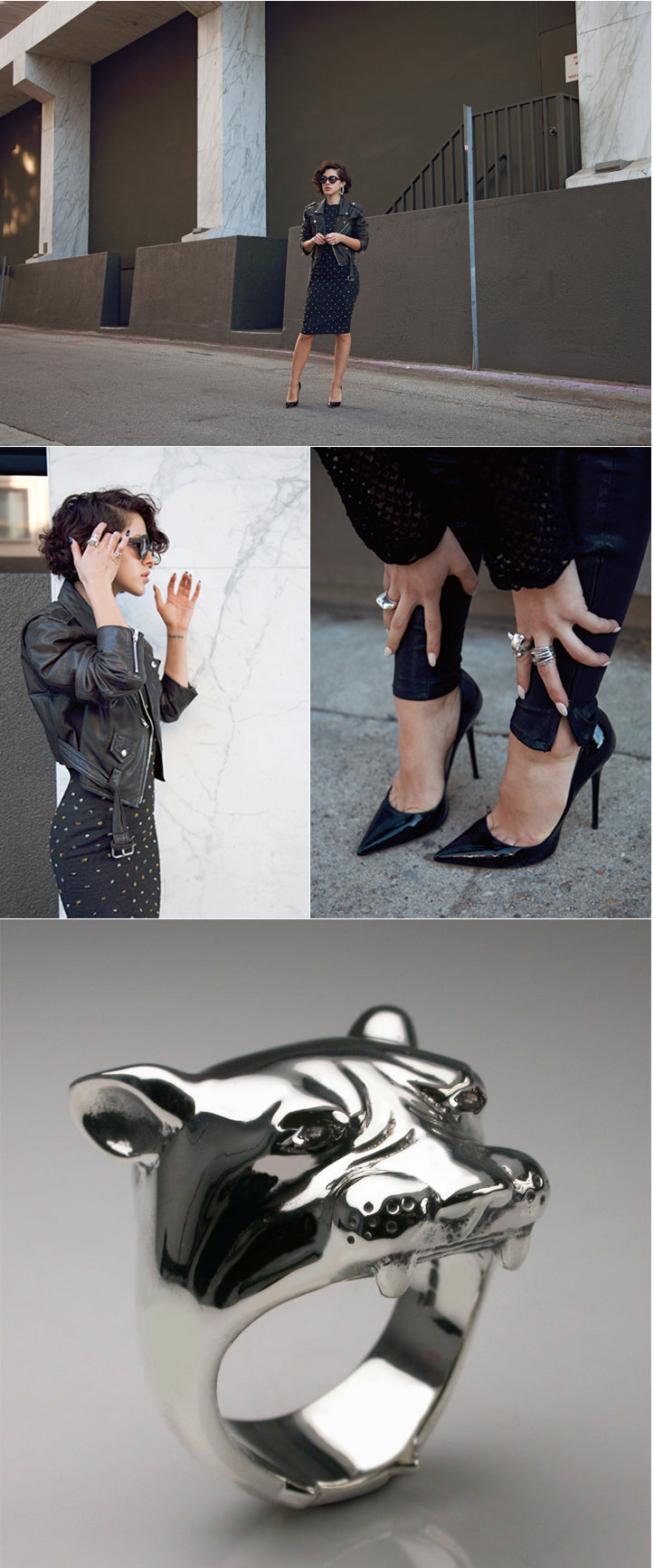 Blogger in a black leather jacket and studded dress wearing silver rings, with a close-up of the silver Lioness ring