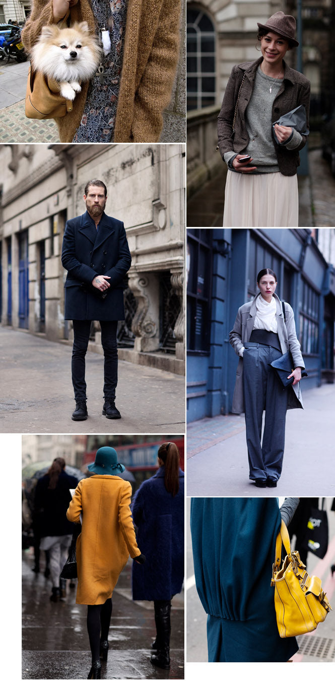 Collage of London Fashion Week street style: tailored coats, a mustard coat, a yellow bag and a small dog