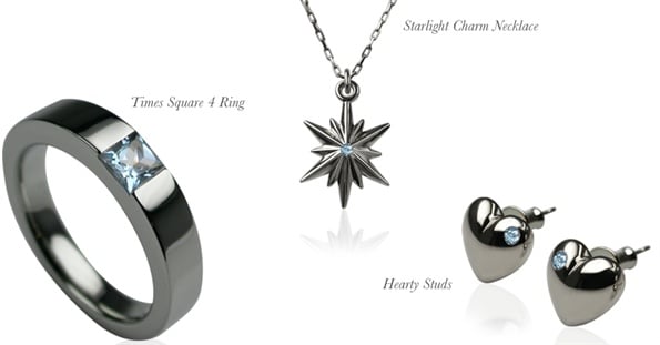 Times Square ring, Starlight charm necklace and Hearty studs in dark silver set with aquamarines