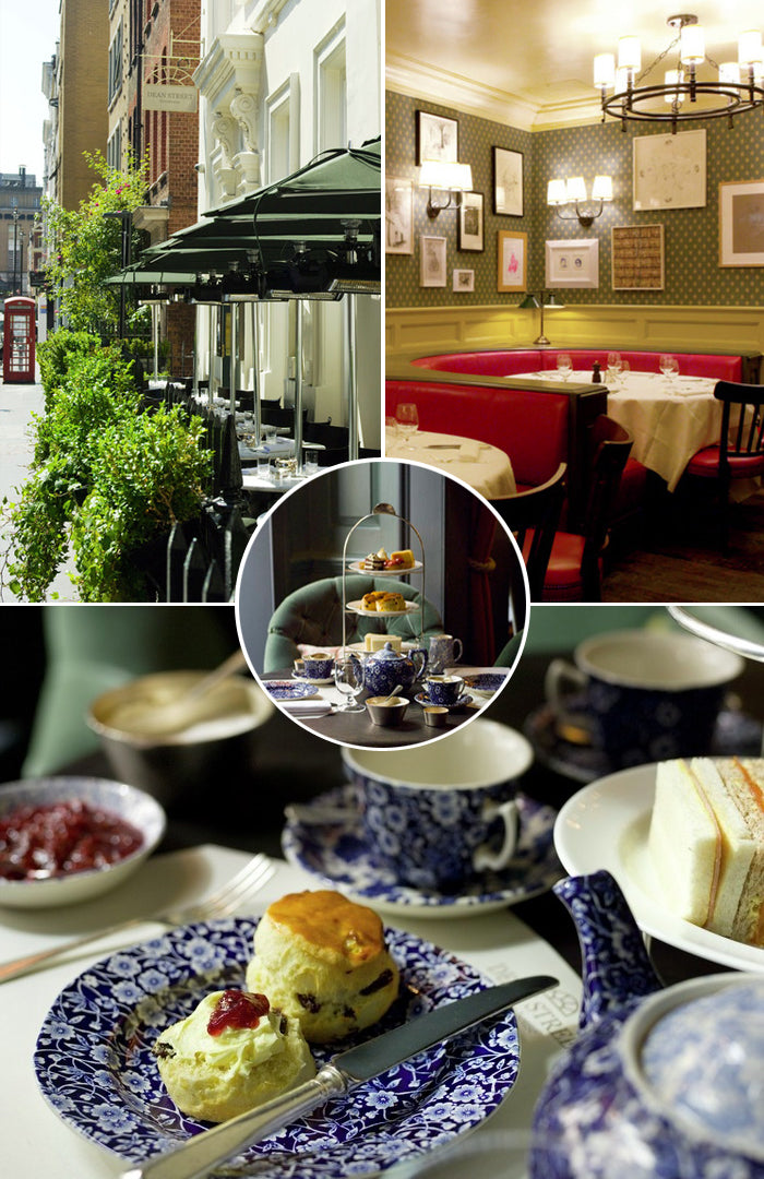 Dean Street Townhouse in Soho: the frontage, the red banquette dining room and afternoon tea with scones
