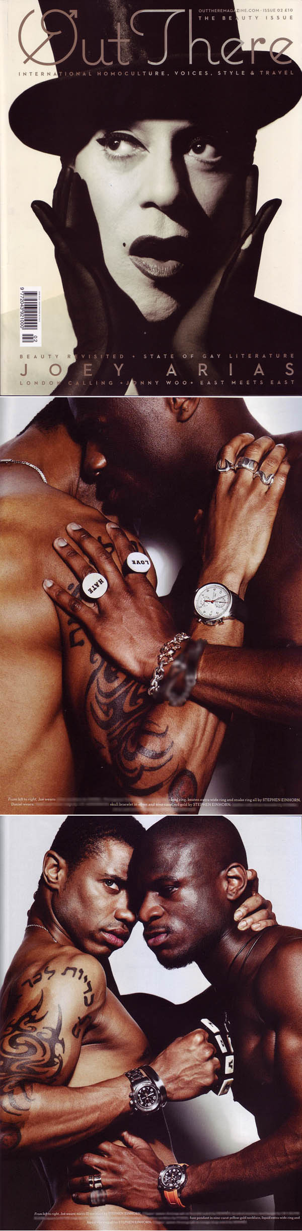 Out There magazine cover and pages of two men wearing our silver rings, bracelets and pendants