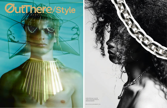 Out There Style magazine cover and a black and white shoot of a model wearing chunky silver chains