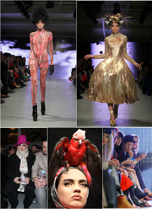 Catwalk looks in pink and gold, a model in a red parrot headdress, and the front row at a fashion show