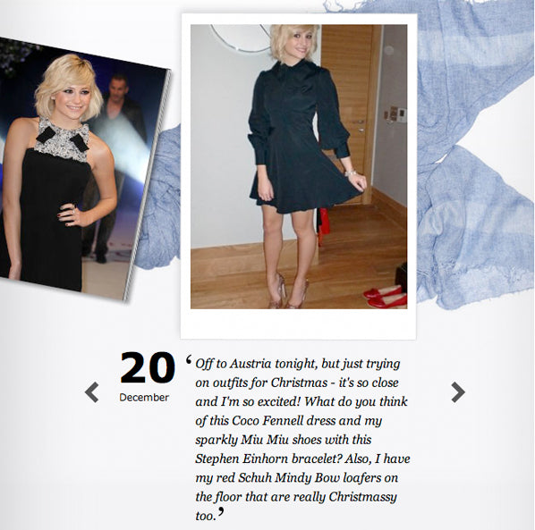 Pixie Lott in a black dress and a silver Shimmer bangle, from her Vogue.co.uk outfit diary