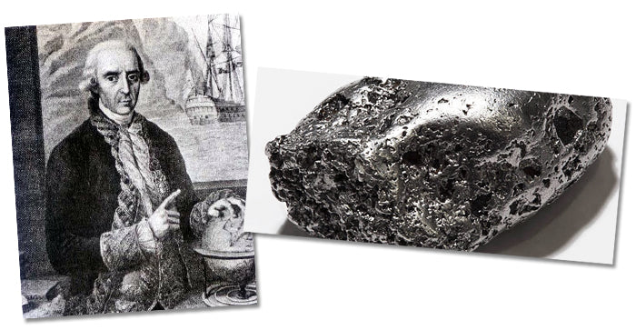 Archive engraving of an 18th-century man beside a globe, next to a nugget of raw platinum