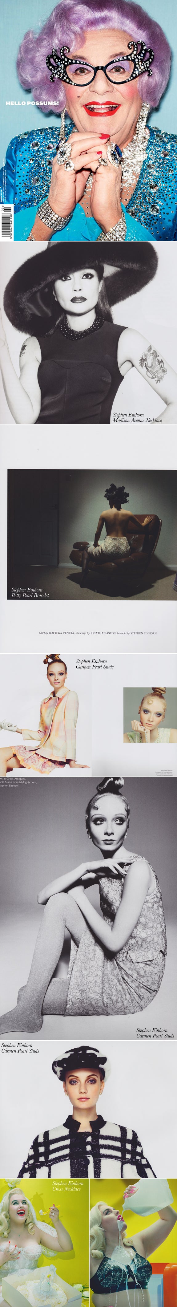 Ponystep magazine pages with models wearing Stephen Einhorn pearl studs, pearl bracelet and necklaces