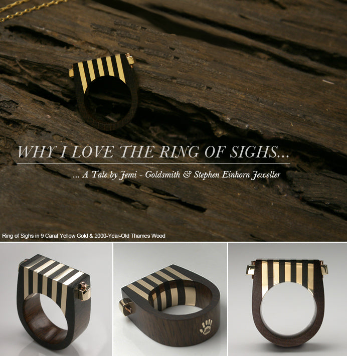 Ring of Sighs in 9 carat yellow gold stripes set in 2,000-year-old Thames wood, shown from three angles