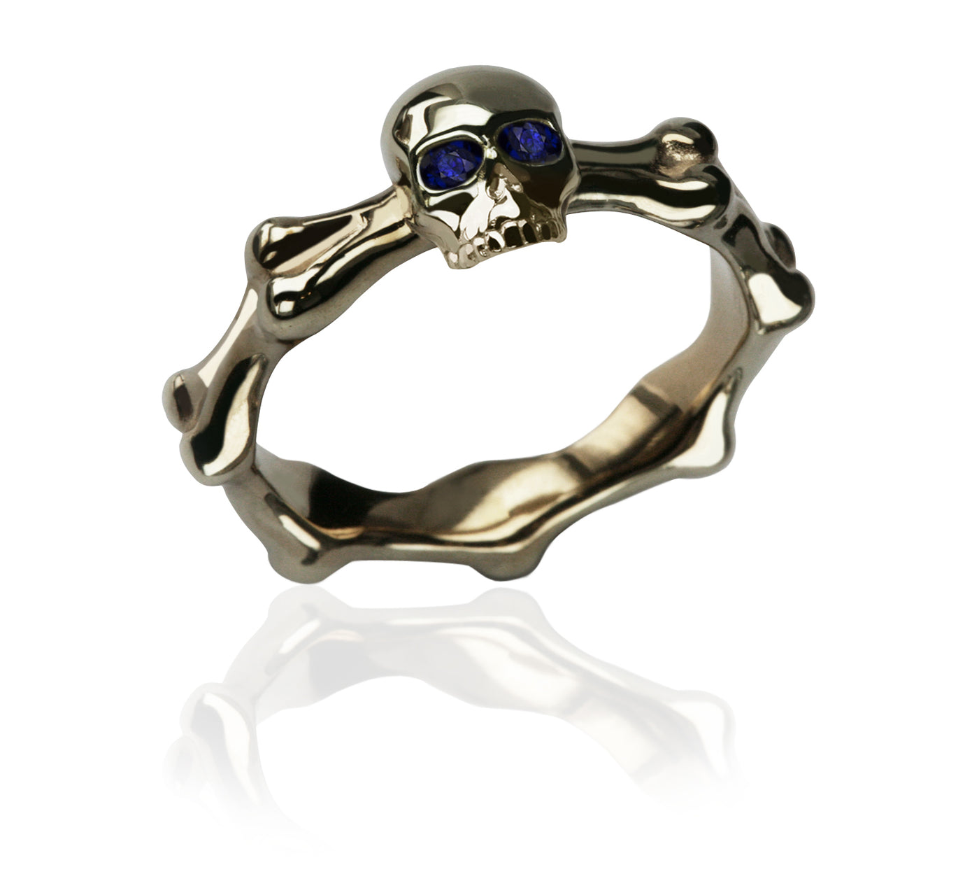 Blue Monday: Skull & Bones Ring In Yellow Gold With Blue Sapphire Eyes