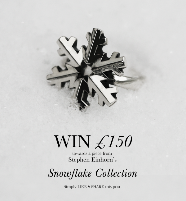 Silver snowflake ring resting in snow above text offering £150 towards a piece from the Snowflake collection