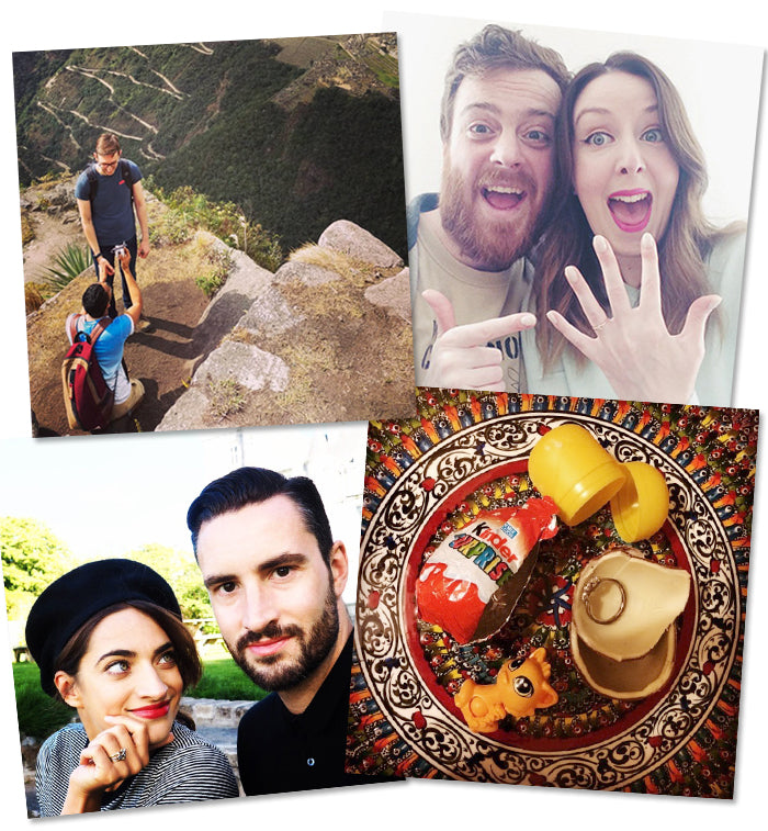 Customer engagement photos: a mountain proposal, couples showing their rings and a ring inside a Kinder egg
