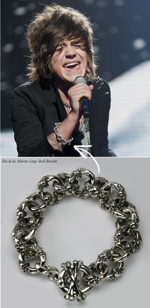 Singer performing on The X Factor wearing our silver Dia de los Muertos large skull bracelet, shown below