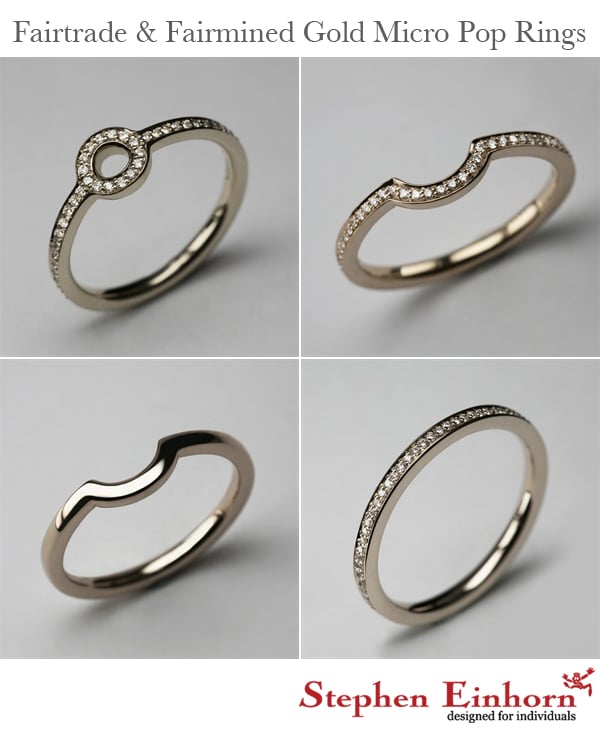 Four Fairtrade Fairmined gold Micro Pop rings, three set with small diamonds, one a plain curved band