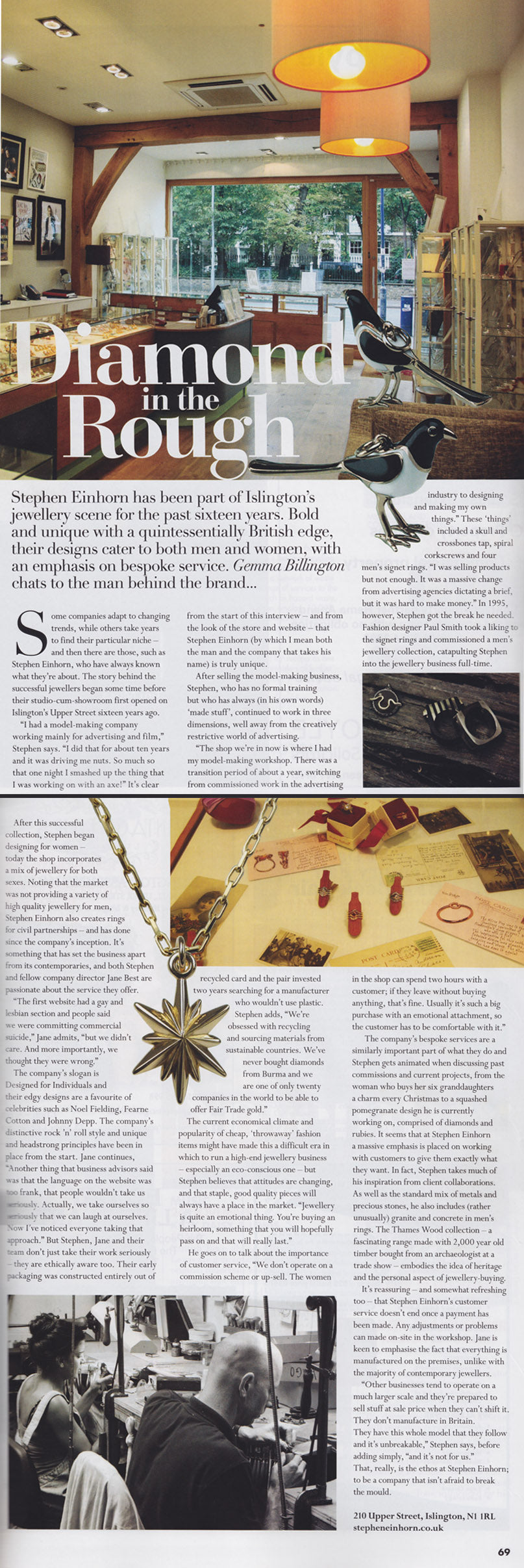 City & Angel Magazine feature showing the Upper Street shop interior, a silver magpie and jewellers at work